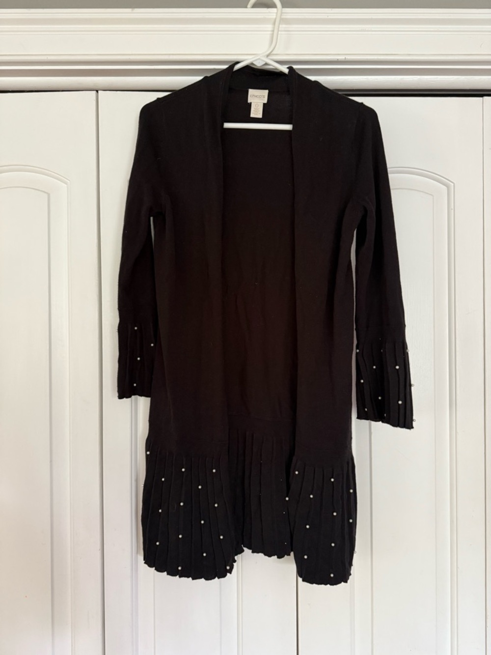 Chico's Black Open Cardigan with Pearl Embellishments